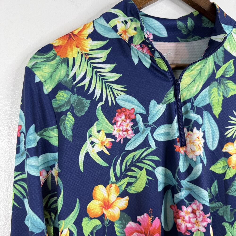 Gottex Top Womens Large Tennis Golf Navy Botanical Floral Quarter Zip Quick Dry
